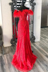 V Neck Mermaid Off Shoulder Red Lace Long Prom Dress, Mermaid Red Formal Dress, Red Lace Evening Dress