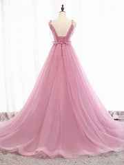 V Neck Pink Tulle Prom Dresses with Train, Pink Long Formal Evening Graduation Dresses