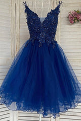 V Neck Short Blue Lace Prom Dress, Blue Lace Homecoming Dress, Short Blue Formal Graduation Evening Dress