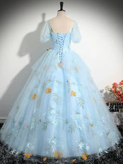 V Neck Tulle Lace Blue Long Prom Dress, A-Line Blue Lace Long Sweet 16 Dress