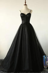 Charming Black Spaghetti Straps Sweetheart Tulle Evening Dresses Formal Dress