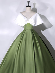 White+Green Satin Floor Length Prom Dress, V-Neck Off the Shoulder Evening Dress