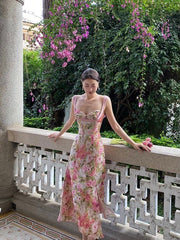 Vintage A Line Straps Floral Chiffon Slit Evening Dress Prom Dresses Birthday Outfits