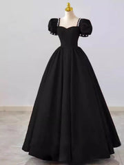 Vintage Ball Gown Satin Black Long Prom Dress Wedding Party Dresses