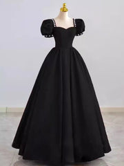 Vintage Ball Gown Satin Black Long Prom Dress Wedding Party Dresses