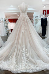 Vintage Long A-line Jewel Tulle Ruffles Wedding Dress with Lace Appliques