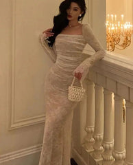 Vintage Mermaid Lace Prom Dress Elegant Apricot Square Collar Evening Party Gown