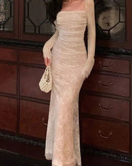 Vintage Mermaid Lace Prom Dress Elegant Apricot Square Collar Evening Party Gown