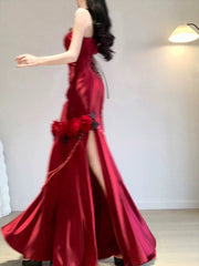 Vintage Mermaid One Shoulder Burgundy Satin Long Floor Length Prom Dresses