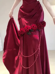 Vintage Mermaid One Shoulder Burgundy Satin Long Floor Length Prom Dresses