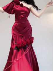 Vintage Mermaid One Shoulder Burgundy Satin Long Floor Length Prom Dresses