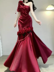 Vintage Mermaid One Shoulder Burgundy Satin Long Floor Length Prom Dresses