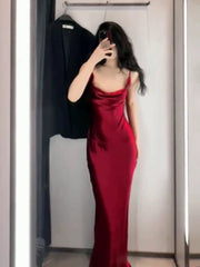 Vintage Mermaid Spaghetti Straps Burgundy Satin Long Floor Length Prom Dresses