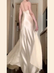 Vintage Mermaid Spaghetti Straps Champagne Satin Long Floor Length Prom Dresses