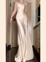 Vintage Mermaid Spaghetti Straps Champagne Satin Long Floor Length Prom Dresses