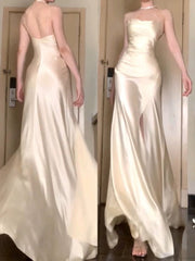 Vintage Mermaid Spaghetti Straps Champagne Satin Long Floor Length Prom Dresses