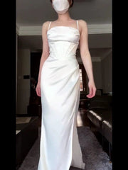 Vintage Mermaid Spaghetti Straps White Satin Long Birthday Dress Prom Dresses