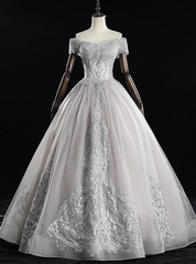 We Provide Gray Tulle Appliques Off the Shoulder Quinceanera Dress