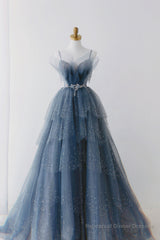 Gorgeous Blue Sparkly Tulle Beaded Prom Dress, Tiered Formal Gown with Rhinestone