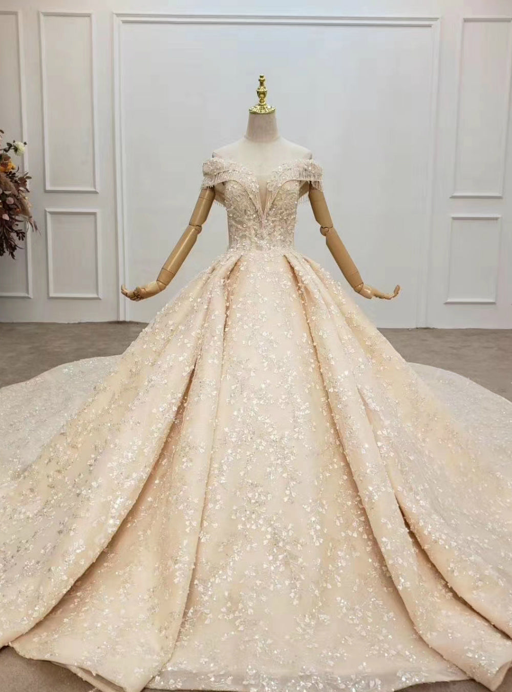 Whether You Are Looking For Luxury Champagne Ball Gown Tulle Sequins Appliques Off the Shoulder Wedding Dress