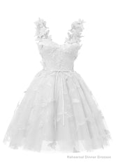 White 3D Butterfly Lace Applique Tulle Homecoming Dress for Teens Sweetheart Mini Short Prom Dresses