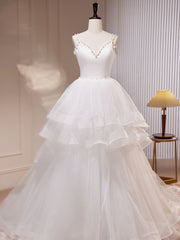 White A-Line Tulle Long Prom Dress, White Tulle Sweet 16 Dresses