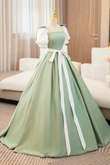 White and Green Long Prom Dress, Lovely A-Line Short Sleeve Evening Party Dress