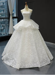 White Ball Gown Lace Sequins Strapless Sleeveless Wedding Dress