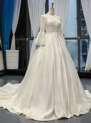 White Ball Gown Satin High Neck Puff Sleeve Wedding Dress With Beading