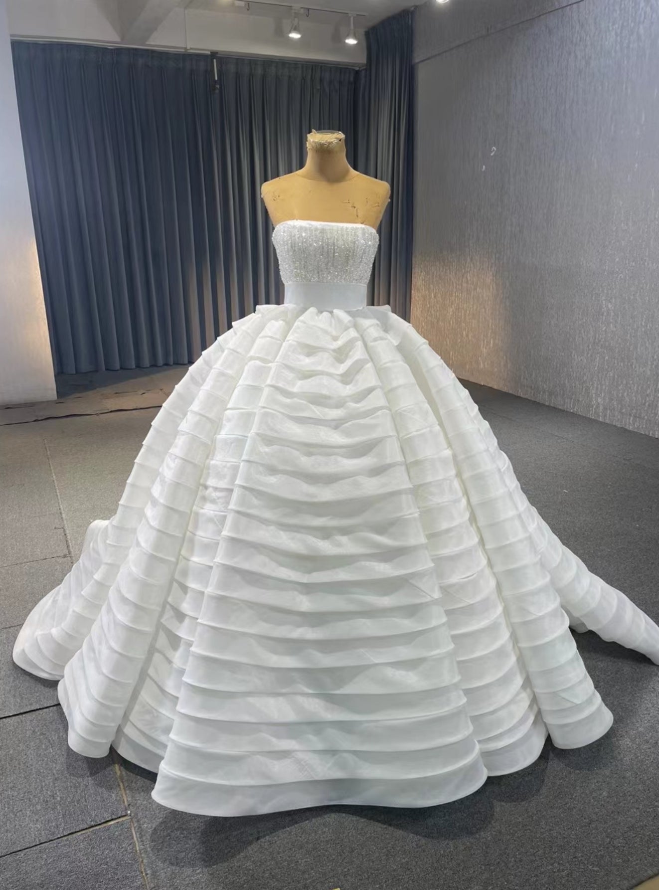 White Ball Gown Tiers Sequins Prom Dress