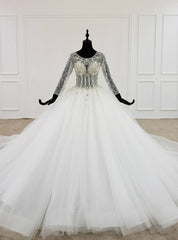 White Ball Gown Tulle Long Sleeve Backless Beading Crystal Wedding Dress