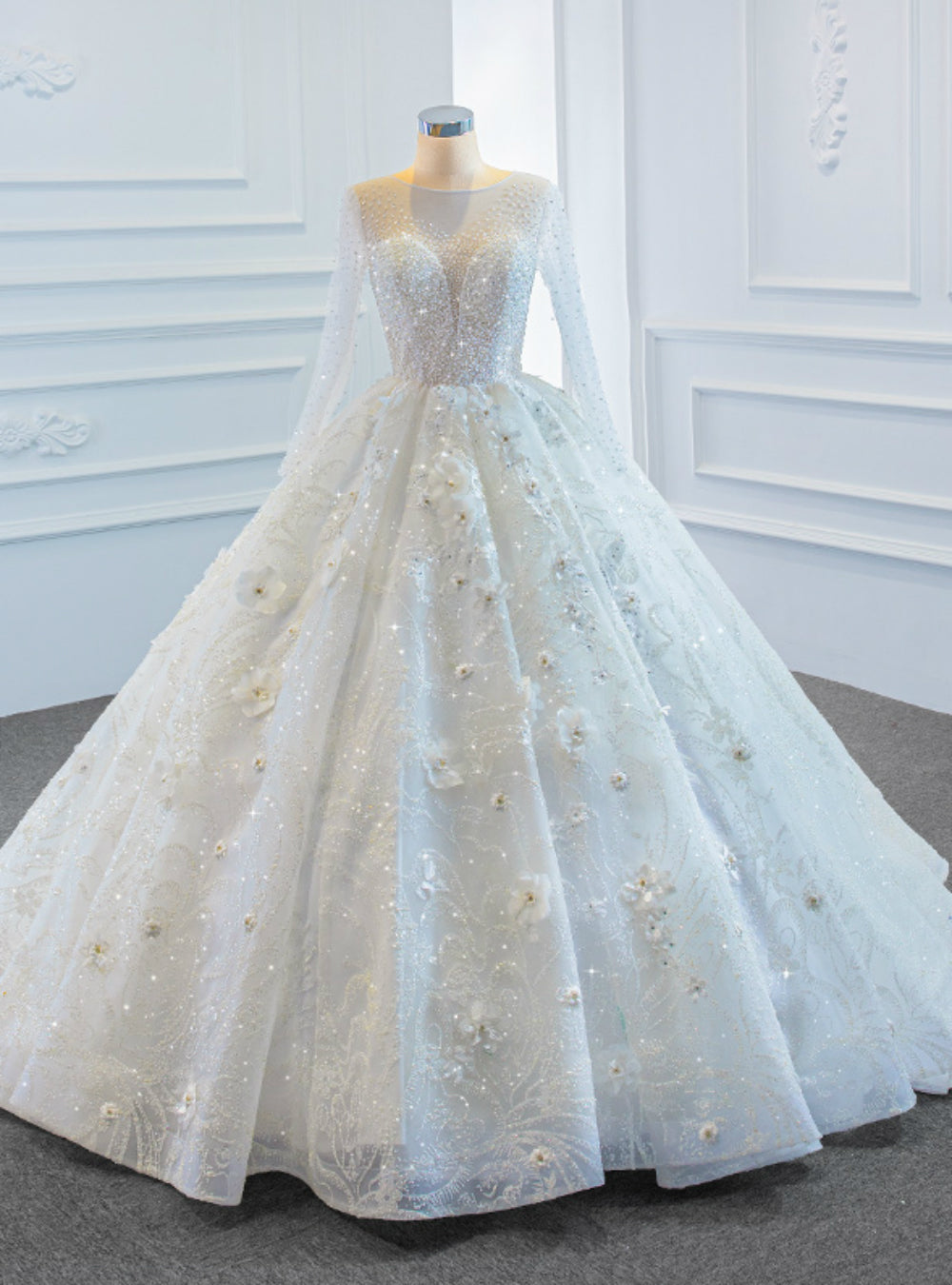 White Ball Gown Tulle Long Sleeve Beading Sequins 3D Flower Wedding Dress