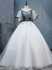 White Ball Gown Tulle Sequins Appliques Quinceanera Dresses