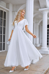 White Chiffon Prom Dresses V-Neck Chiffon A-Line Sequin Floor Length Long Dress with Flared Sleeves