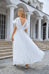 White Chiffon Prom Dresses V-Neck Chiffon A-Line Sequin Floor Length Long Dress with Flared Sleeves