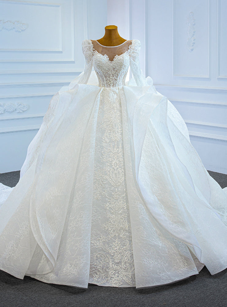 White Lace Ball Gown Long Sleeve Beading Wedding Dress