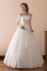 White Lace Long Sleeves Off Shoulder Strapless A Line Floor Length Wedding Dresses