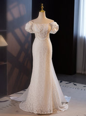 White Mermaid Lace Satin Off the Shoulder Wedding Dress