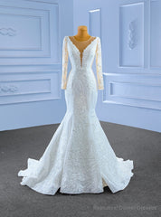 White Mermaid Long Sleeve Appliques Wedding Dress