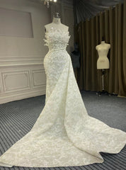 White Mermaid Strapless Beading Sequins Wedding Dress With detachable Train