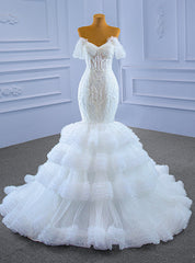 White Mermaid Tulle Sweetheart Appliques Beading Wedding Dress