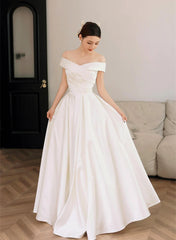 White Off Shoulder Simple Satin Wedding Party Dress, White Long Prom Dress