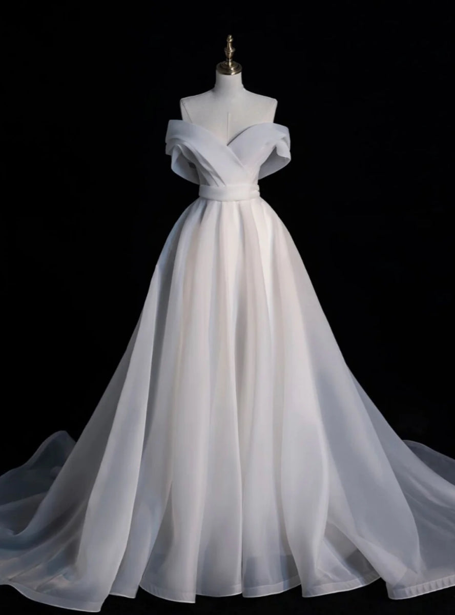 White Organza Off the Shoulder Pleats Wedding Dress