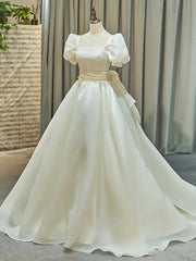 White Organza Square Short Sleeve Weddiing Dress