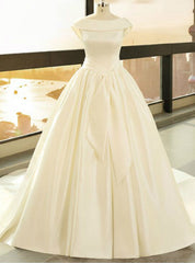 White Satin Bateau Backless Cap Sleeve Wedding Dress