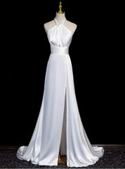 White Satin Halter Pleats Split Wedding Dress