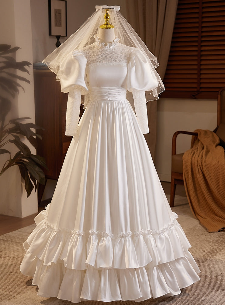 White Satin High Neck Long Sleeve Backless Wedding Dress