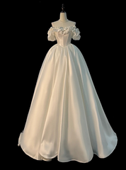 White Satin Off the Shoulder Hand Work Flower Wedding Dress