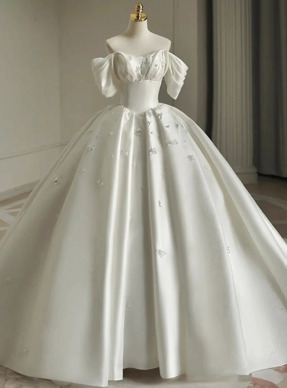 White Satin Off the Shoulder Pleats Beading Wedding Dress