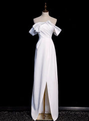 White Satin Off the Shoulder Pleats Split Wedding Dress